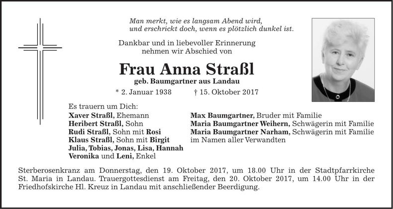 Traueranzeige Anna Straßl