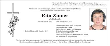 Traueranzeige Rita Zinner