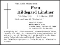 Traueranzeige Hildegard Lindner