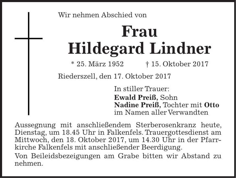 Traueranzeige Hildegard Lindner