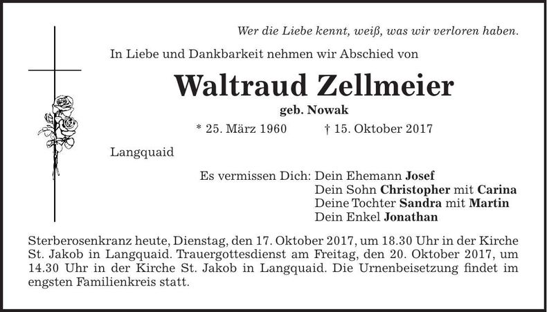 Traueranzeige Waltraud Zellmeier