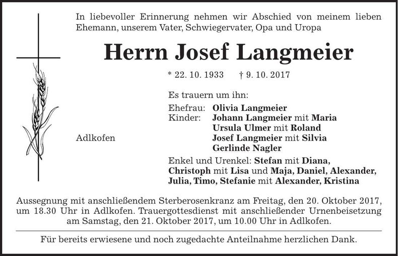 Traueranzeige Josef Langmeier