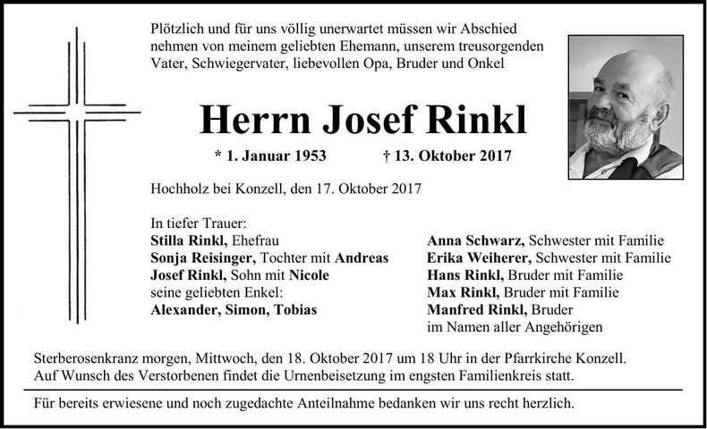Traueranzeige Josef Rinkl