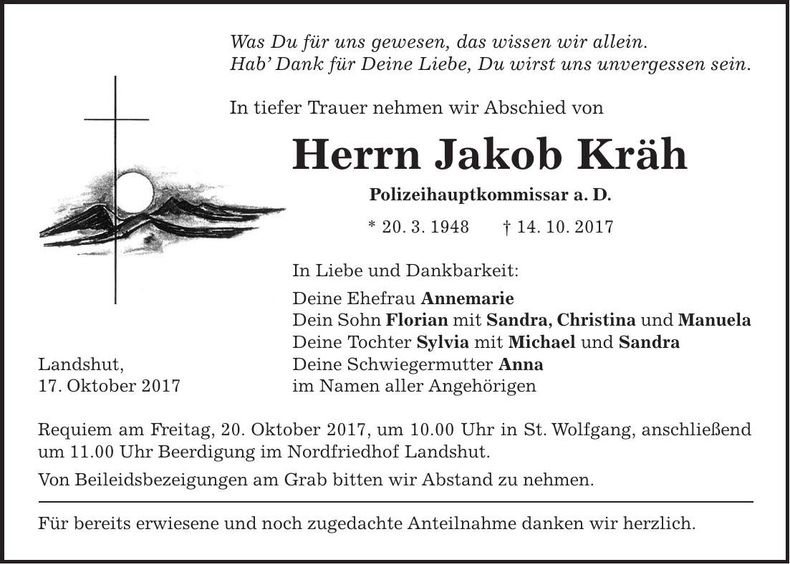 Traueranzeige Jakob Kräh