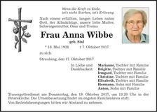Traueranzeige Anna Wibbe