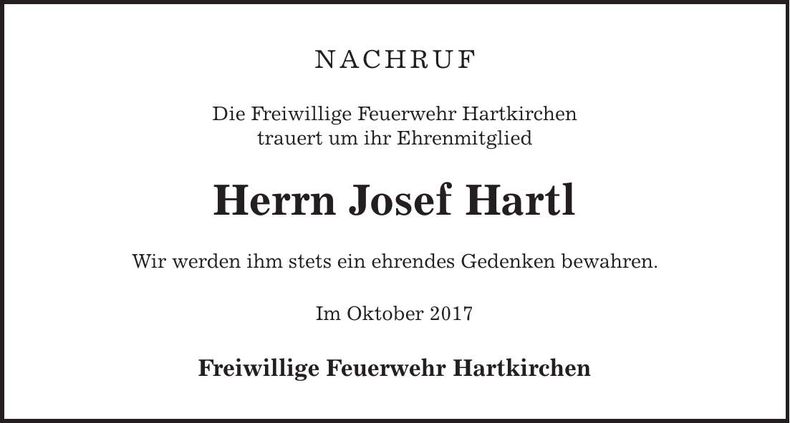 Traueranzeige Josef Hartl