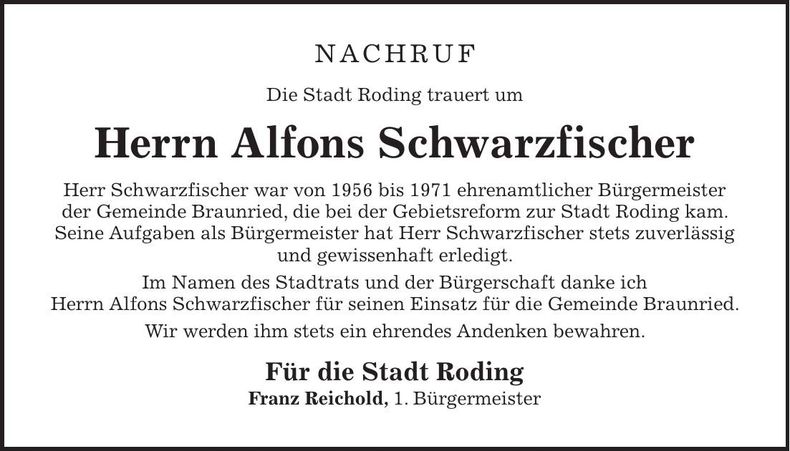 Traueranzeige Alfons Schwarzfischer