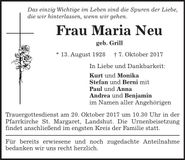 Traueranzeige Maria Neu