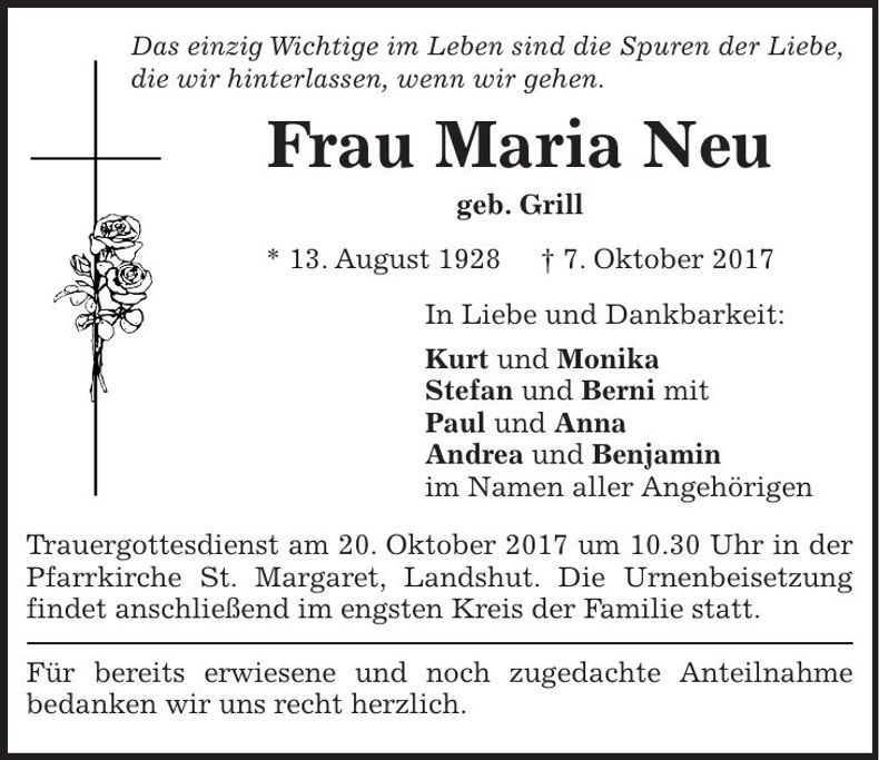 Traueranzeige Maria Neu