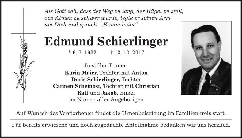 Traueranzeige Edmund Schierlinger