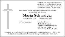 Traueranzeige Maria Schwaiger