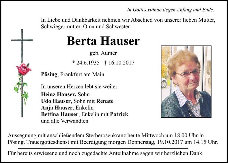 Traueranzeige Berta Hauser