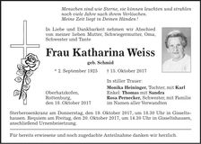 Traueranzeige Katharina Weiss