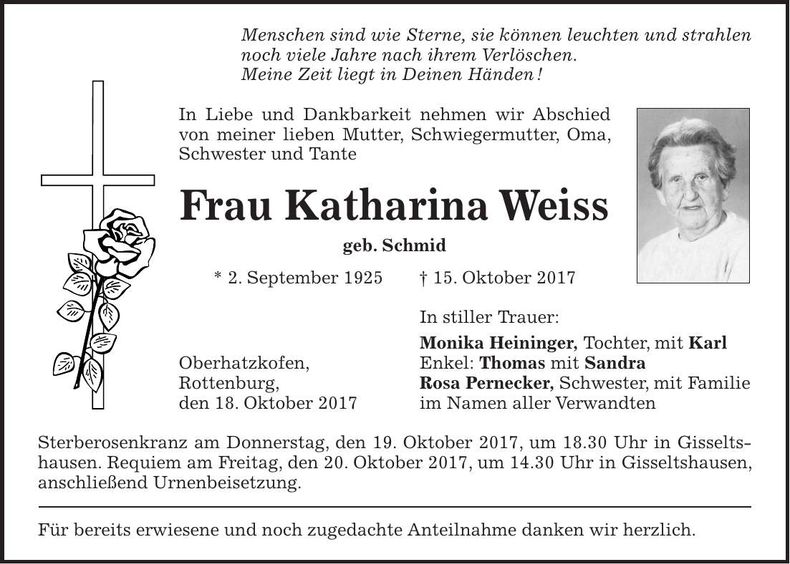 Traueranzeige Katharina Weiss