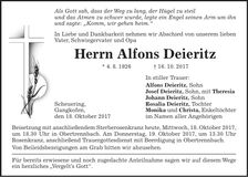 Traueranzeige Alfons Deieritz