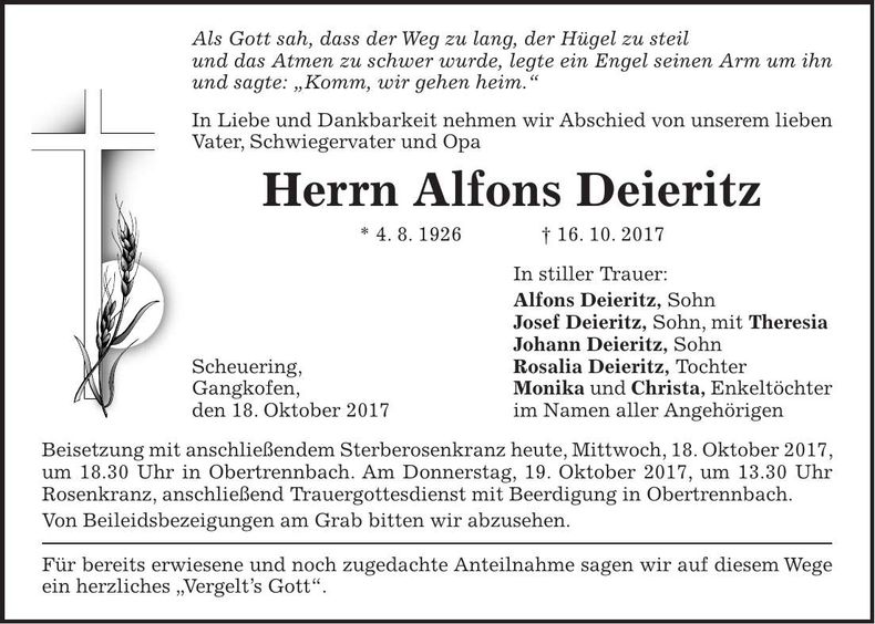 Traueranzeige Alfons Deieritz