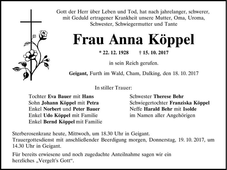 Traueranzeige Anna Köppl