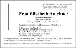 Traueranzeige Elisabeth Anleitner