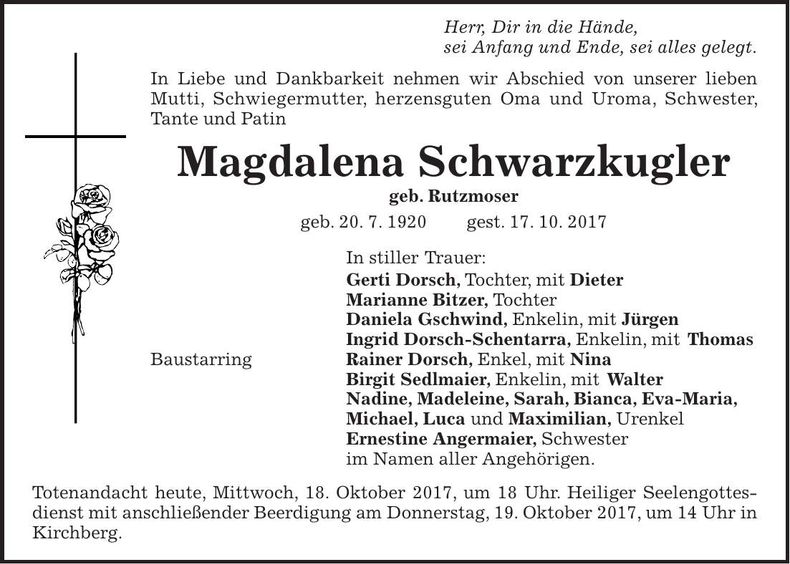 Traueranzeige Magdalena Schwarzkugler