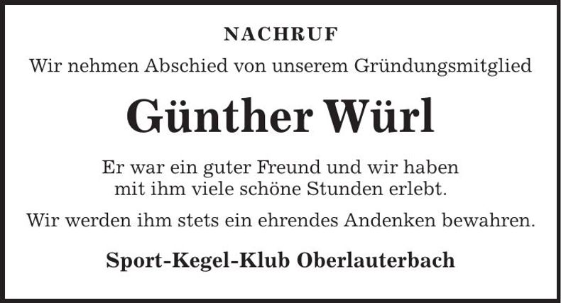 Traueranzeige Günther Würl