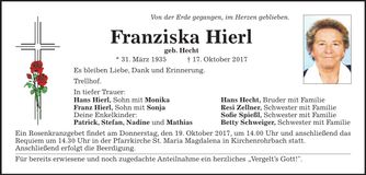 Traueranzeige Franziska Hierl
