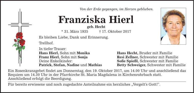 Traueranzeige Franziska Hierl