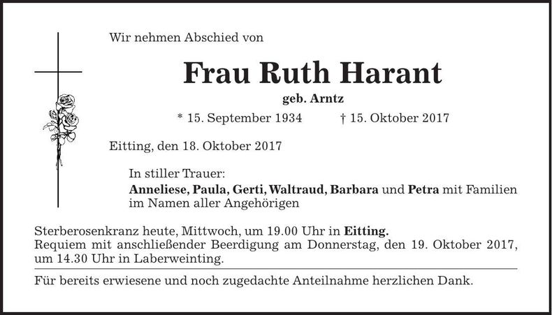 Traueranzeige Ruth Harant