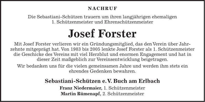 Traueranzeige Josef Forster