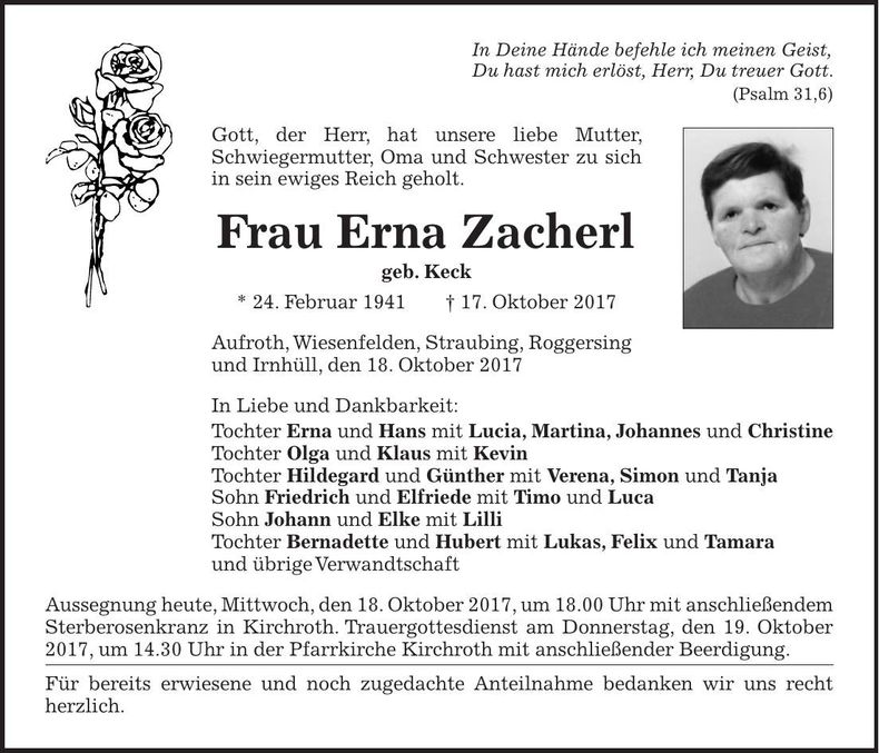 Traueranzeige Erna Zacherl