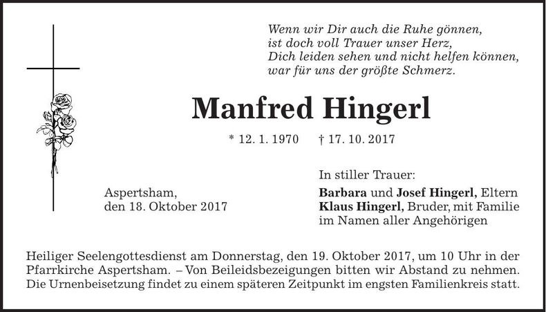 Traueranzeige Manfred Hingerl
