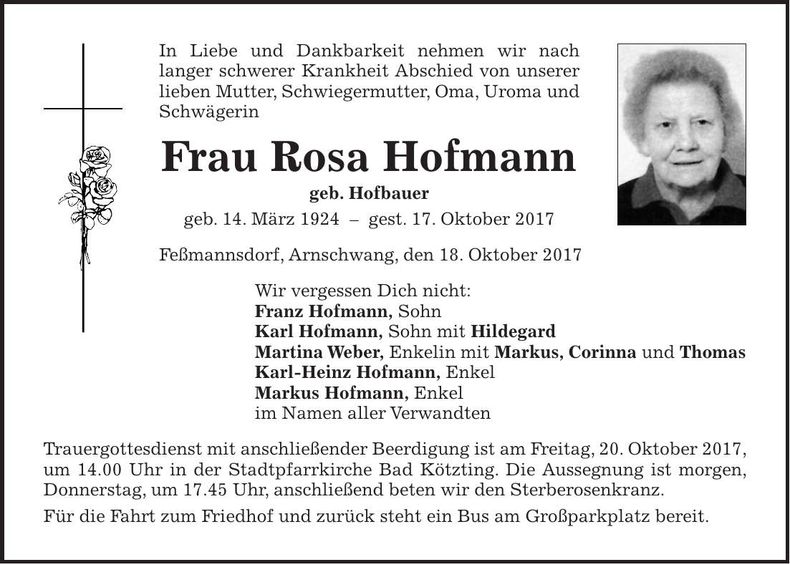 Traueranzeige Rosa Hofmann