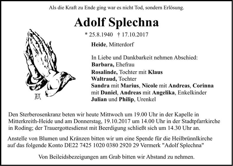 Traueranzeige Adolf Splechna