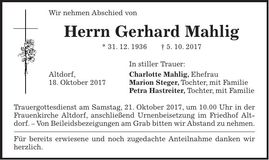Traueranzeige Gerhard Mahlig