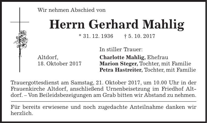 Traueranzeige Gerhard Mahlig