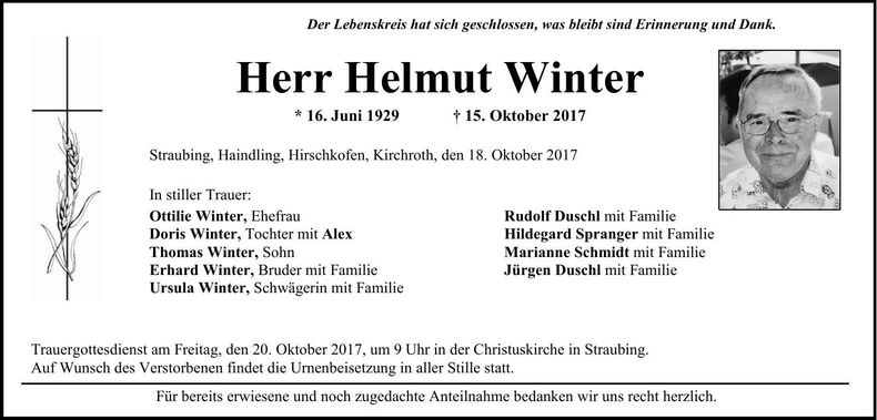 Traueranzeige Helmut Winter