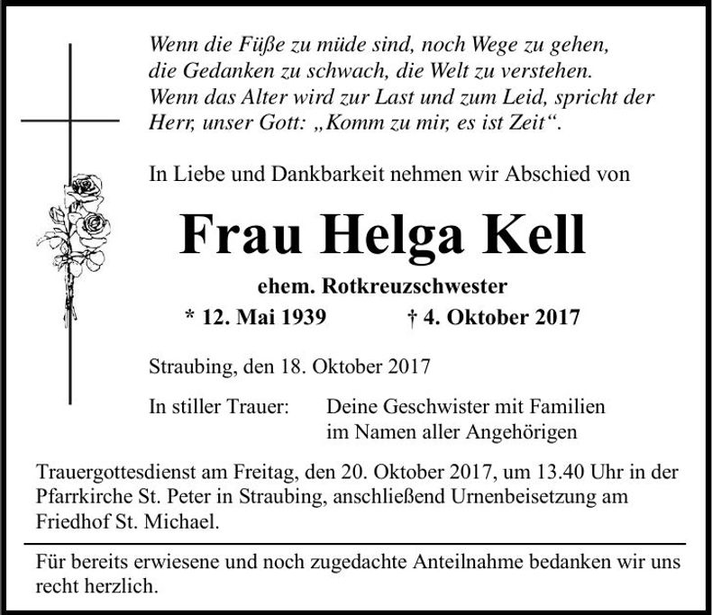 Traueranzeige Helga Kell