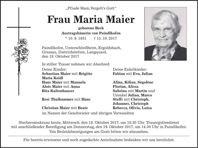 Traueranzeige Maria Maier