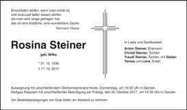 Traueranzeige Rosina Steiner