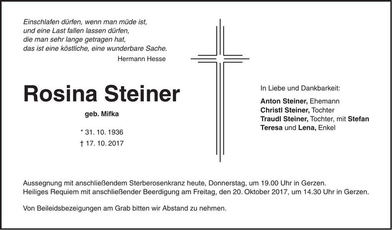 Traueranzeige Rosina Steiner