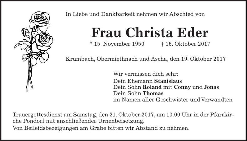 Traueranzeige Christa Eder
