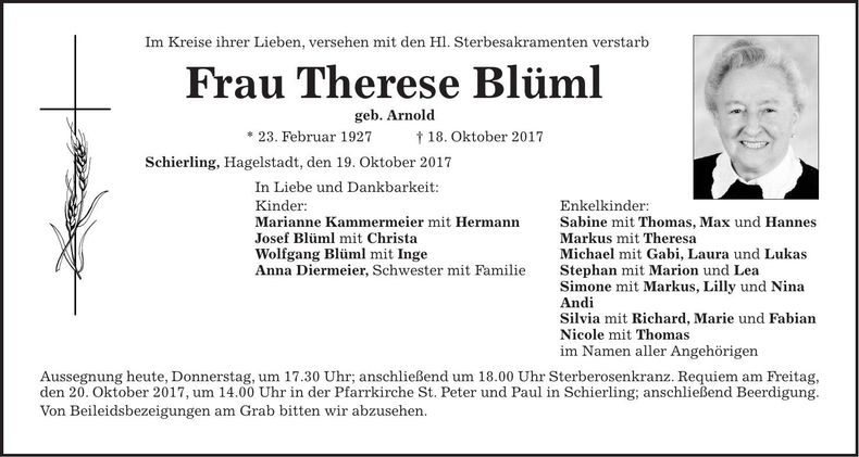 Traueranzeige Therese Blüml