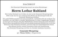 Traueranzeige Lothar Ruhland