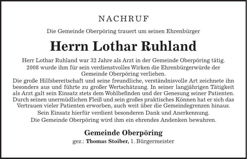 Traueranzeige Lothar Ruhland