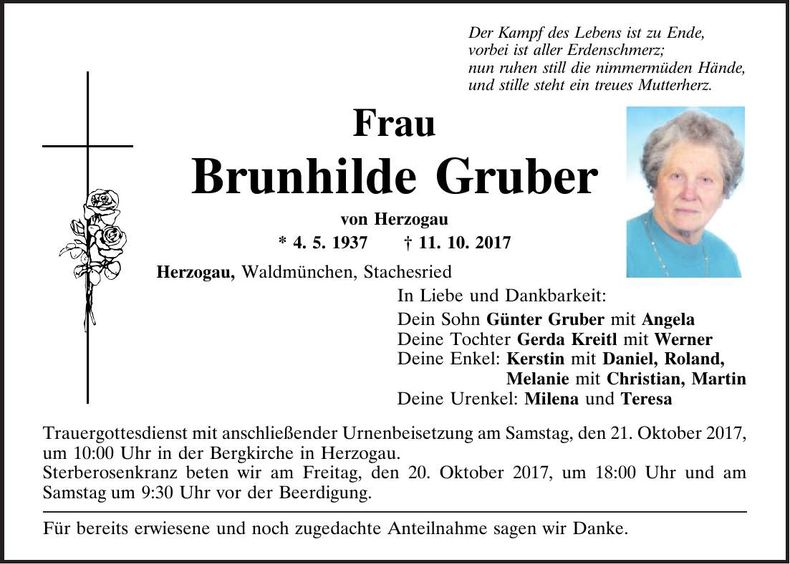 Traueranzeige Brunhilde Gruber