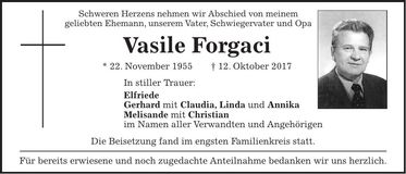Traueranzeige Vasile Forgaci