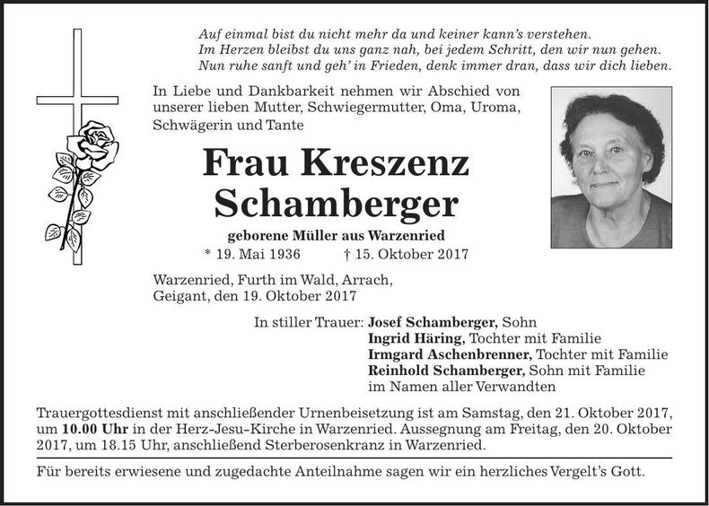 Traueranzeige Kreszenz Schamberger