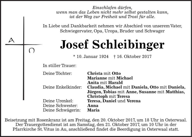 Traueranzeige Josef Schleibinger