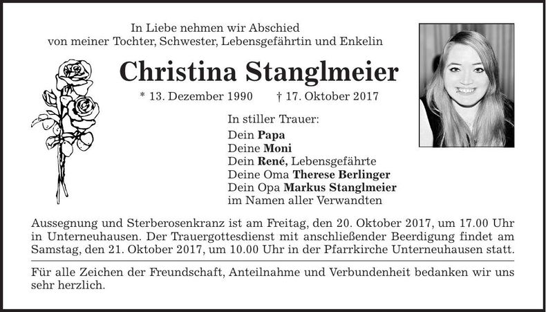 Traueranzeige Christina Stanglmeier