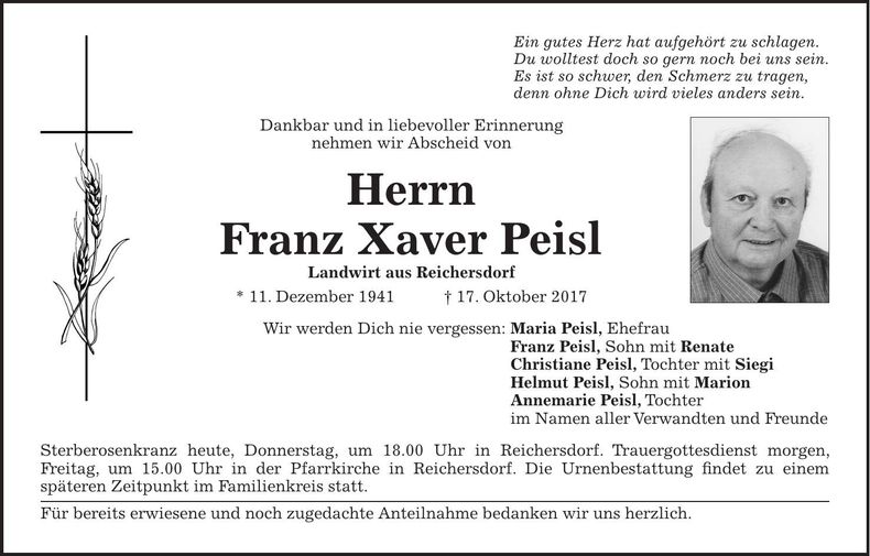 Traueranzeige Franz-Xaver Peisl