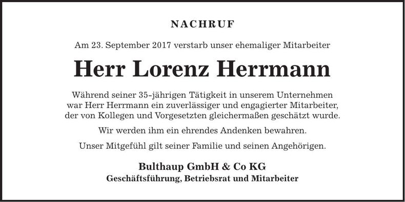 Traueranzeige Lorenz Herrmann